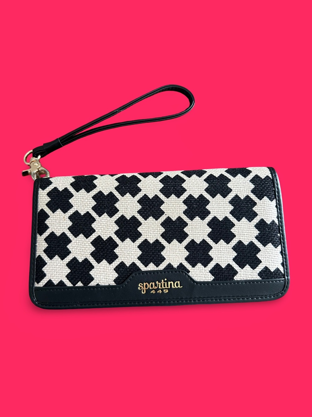 ➕➕Spartina 449 Wristlet Wallet Black White Geometric Cross Linen Leather EUC